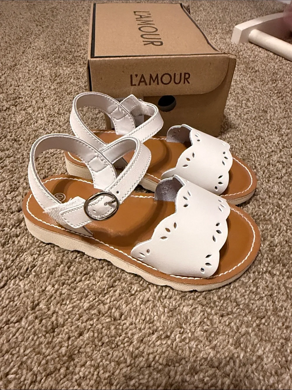 L'Amour White Scalloped Cutout Ankle-Strap Sandals